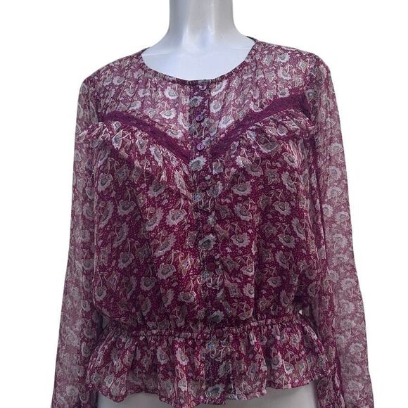 American Eagle Outfitters Blouse Women's Medium Burgundy Floral Chiffon Ruffle - Picture 1 of 13